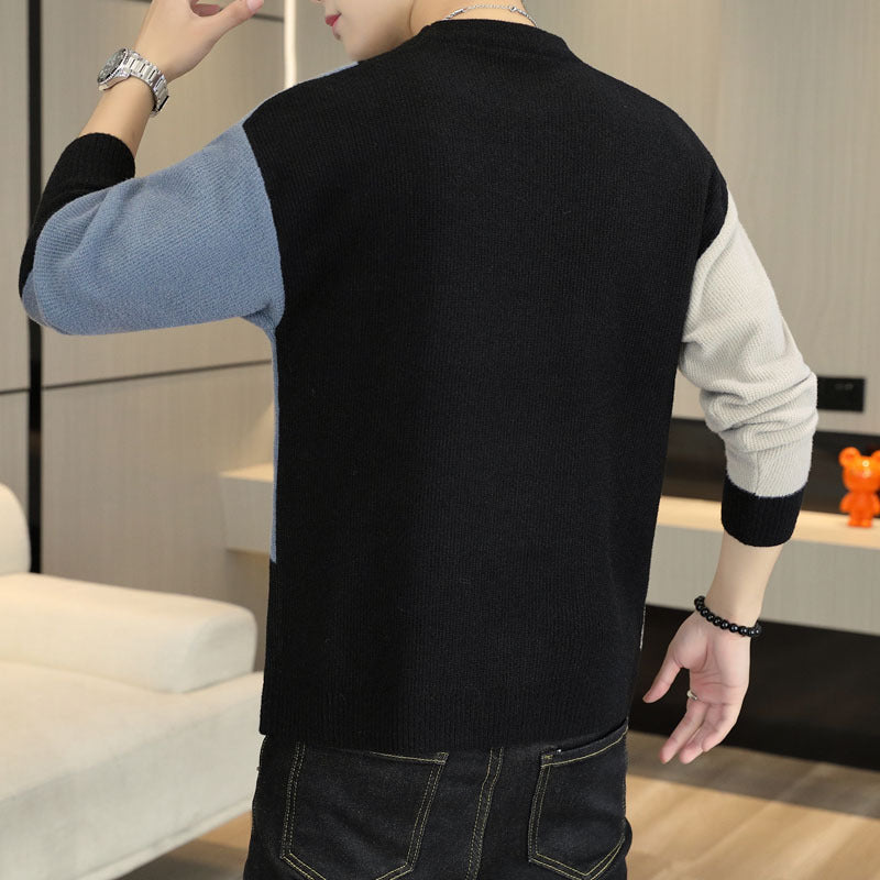Contrasting Color Crewneck Sweater Men's Loose Youth Casual Knitted Pullover
