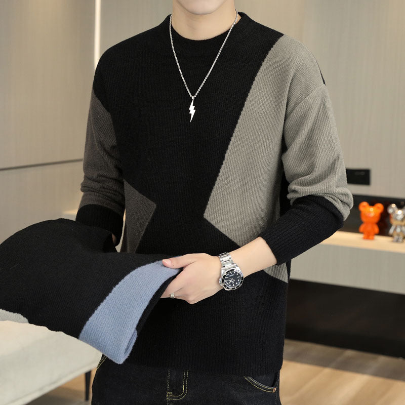 Contrasting Color Crewneck Sweater Men's Loose Youth Casual Knitted Pullover