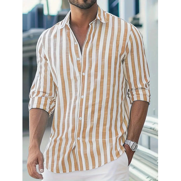 Mens Stylish Classic Long-sleeve Striped Button-down Shirt
