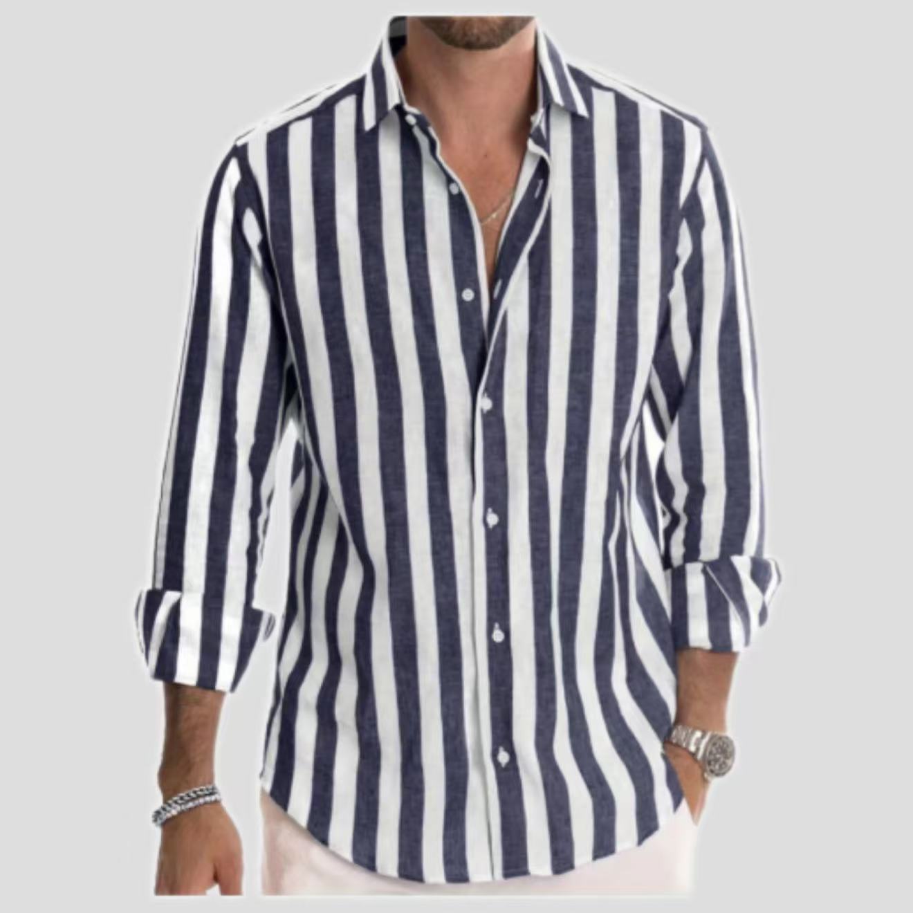 Mens Stylish Classic Long-sleeve Striped Button-down Shirt