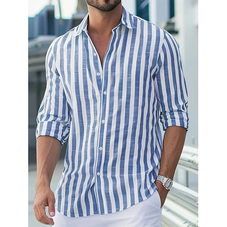 Mens Stylish Classic Long-sleeve Striped Button-down Shirt