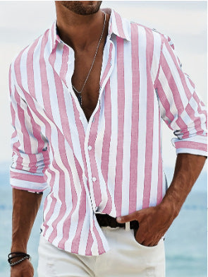 Mens Stylish Classic Long-sleeve Striped Button-down Shirt