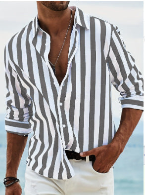 Mens Stylish Classic Long-sleeve Striped Button-down Shirt