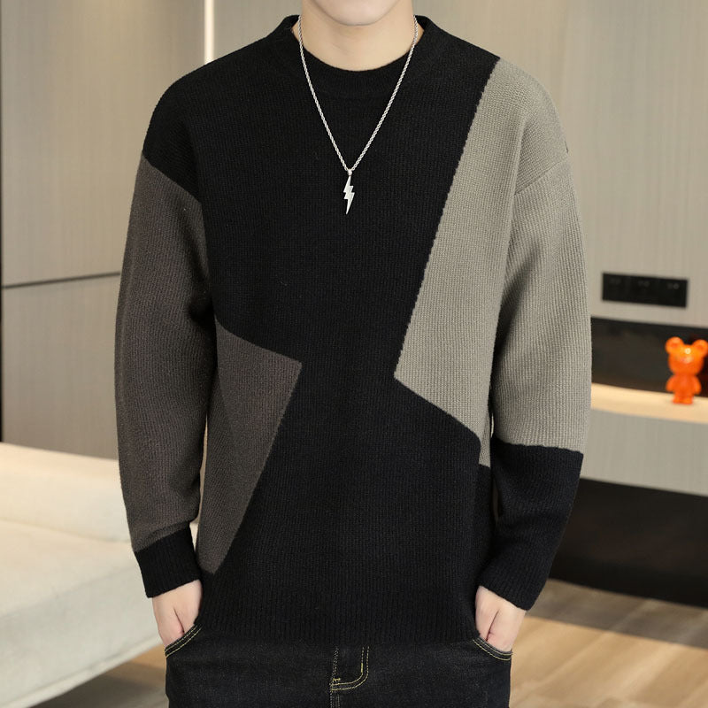Contrasting Color Crewneck Sweater Men's Loose Youth Casual Knitted Pullover