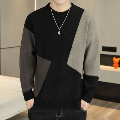 Contrasting Color Crewneck Sweater Men's Loose Youth Casual Knitted Pullover