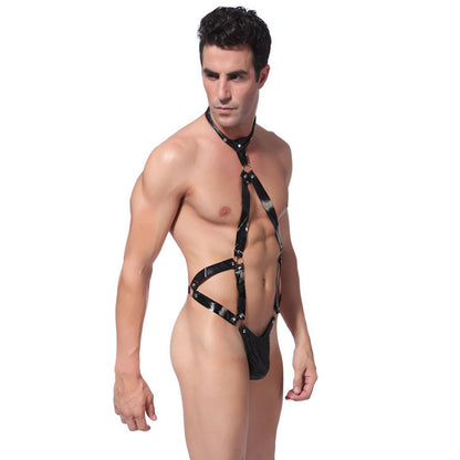 Sexy Mens Halter-style Leather Bodysuit For Intimate Wear