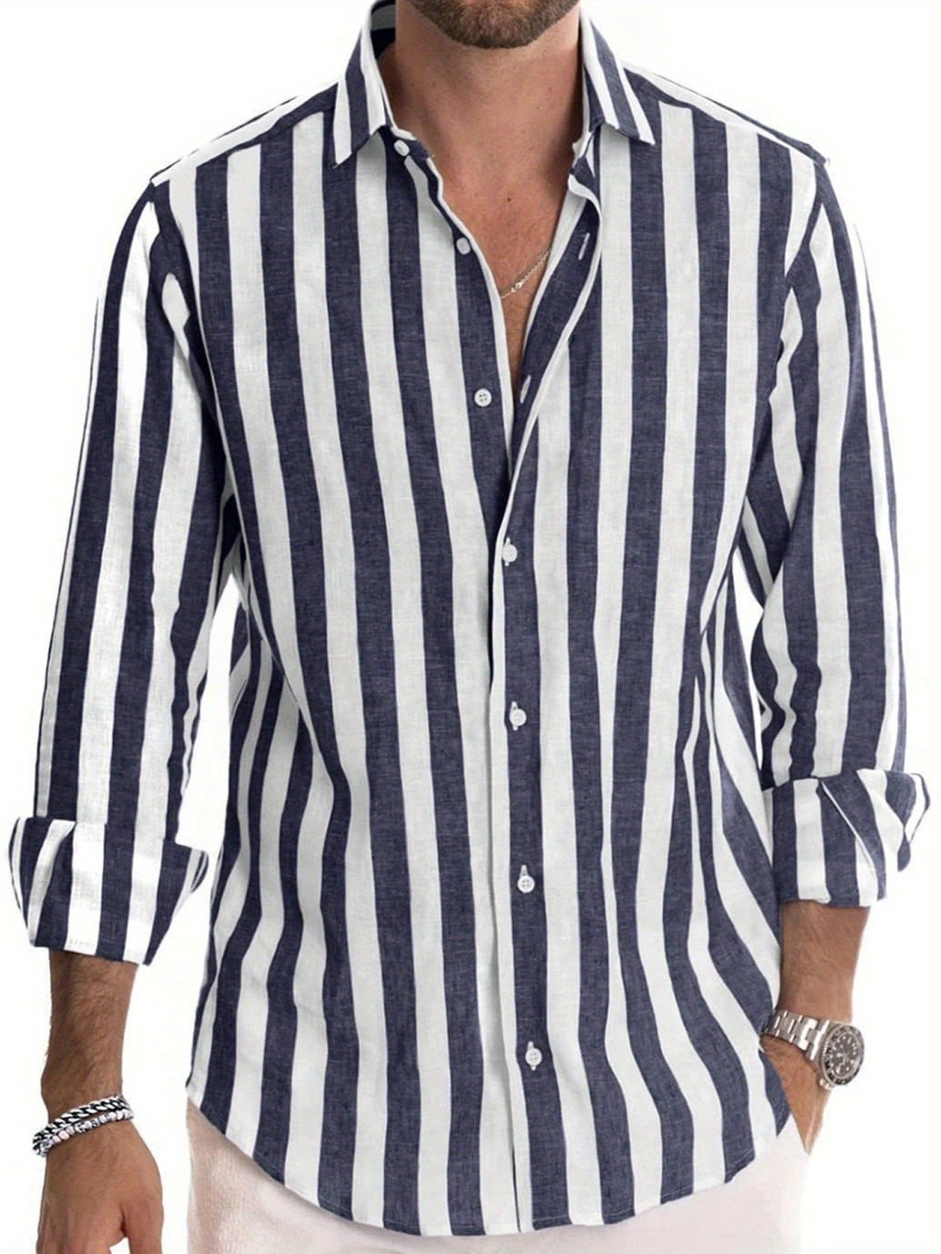 Mens Stylish Classic Long-sleeve Striped Button-down Shirt