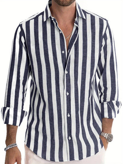 Mens Stylish Classic Long-sleeve Striped Button-down Shirt